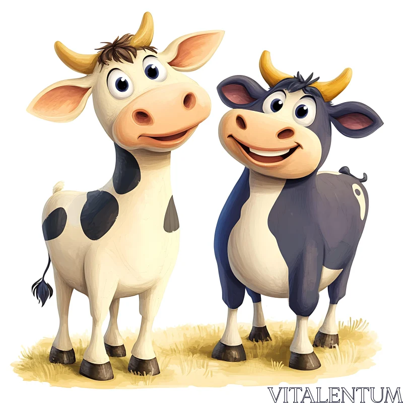 Two Cheerful Cows Cartoon Illustration AI Image