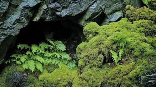 Entrance to Rocky Cave with Green Moss and Ferns