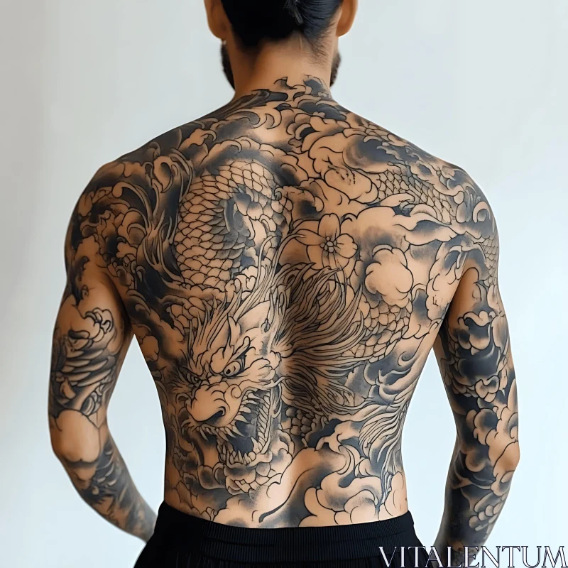 Detailed Back Tattoo of a Dragon in Black Ink AI Image