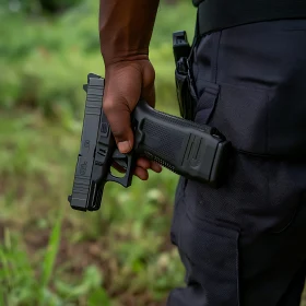 Individual Gripping a Black Semi-Automatic Handgun