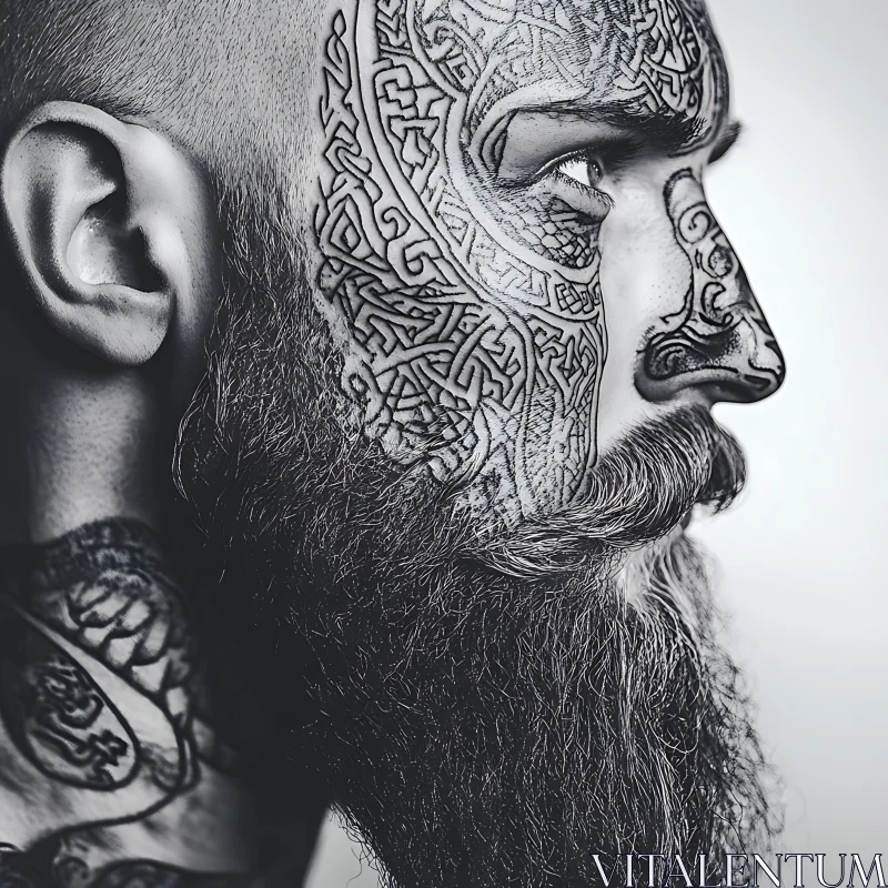 Monochromatic Portrait of a Man with Geometric Facial Tattoos AI Image