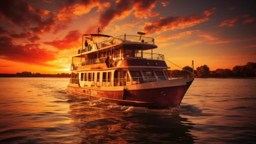 Captivating Sunset: A Luxurious Red Boat Gliding on Calm Waters