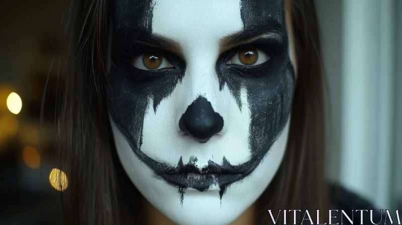 Close-Up Portrait of a Young Woman with Skull-Like Face Paint AI Image
