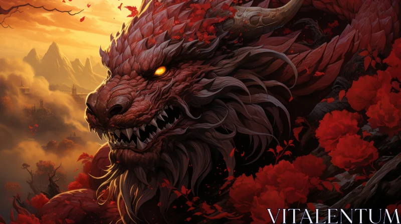 Crimson Dragon Amidst Fiery Blossoms: A Gothic Fantasy AI Image