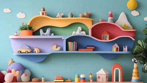 Colorful Toy and Decor Shelf Arrangement