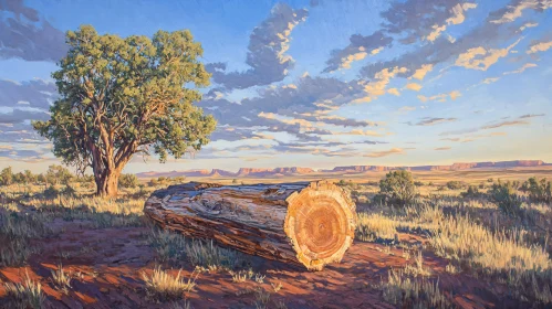 Sunset View of Tree and Log in Grassland