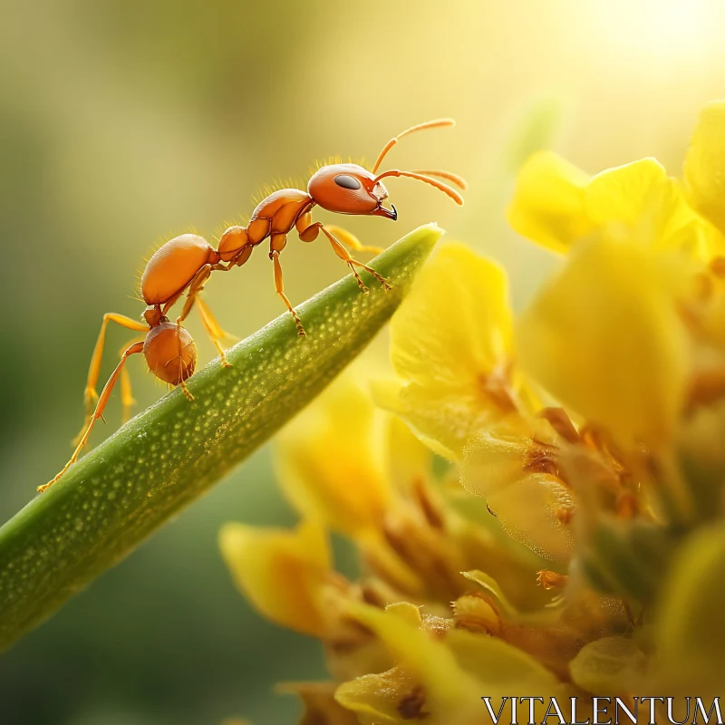 Detailed Close-Up of Red Ant on Leaf Amid Yellow Flowers AI Image