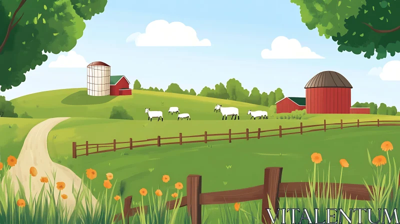 Pastoral Scene with Sheep and Farm Buildings AI Image