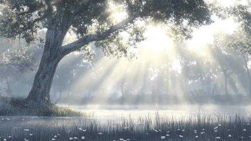 Sunlit Misty Forest Scene