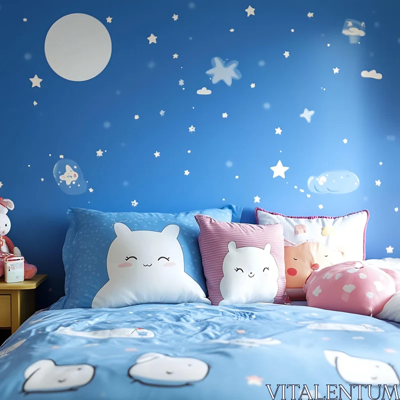 AI ART Whimsical Kids Bedroom with Moon and Stars