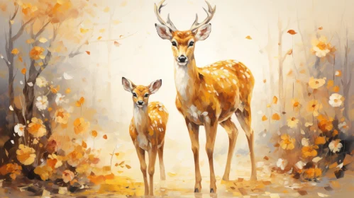 Mother and Baby Deer in Autumn - Artistic Representation