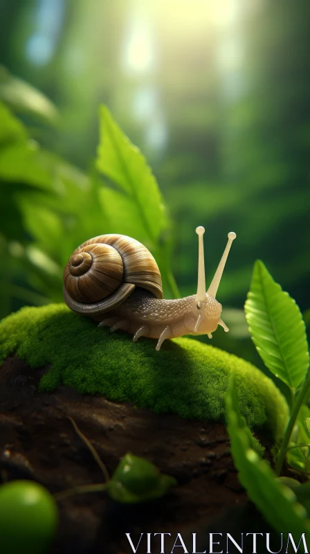 Photorealistic Art of a Snail on a Mossy Leaf AI Image