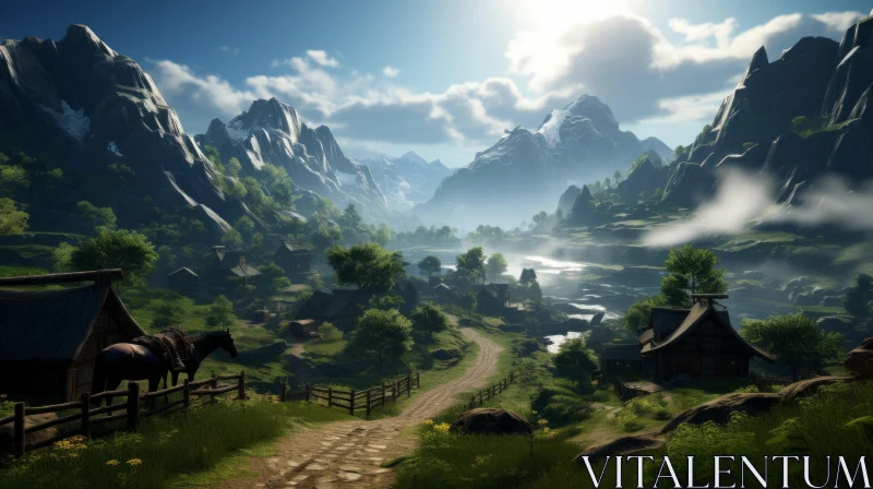 Serene Mountain Village in Lush Landscape AI Image