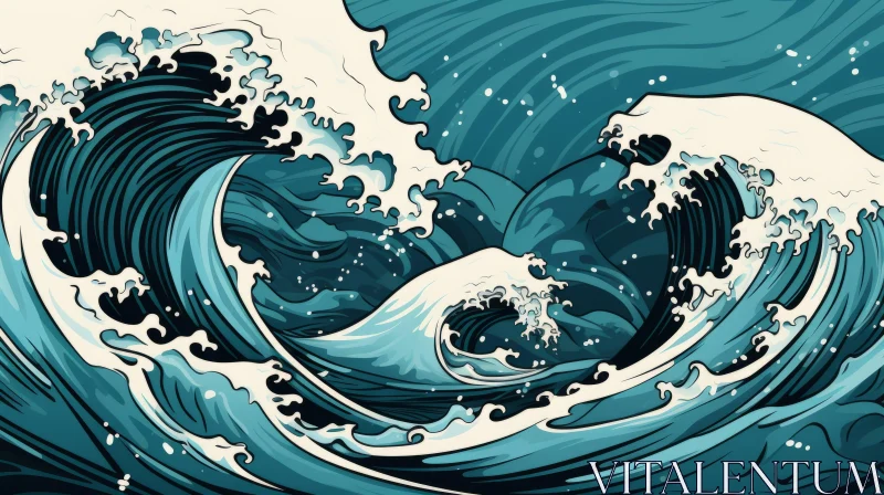 Stormy Seascape - Hand-Colored Watercolor Wave Illustration AI Image