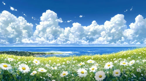 Scenic Ocean View with Daisy Field