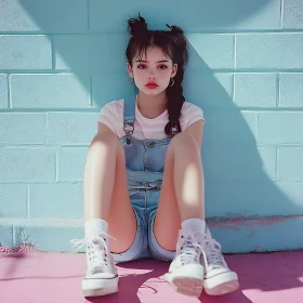 Teenage Girl Portrait With Blue Wall