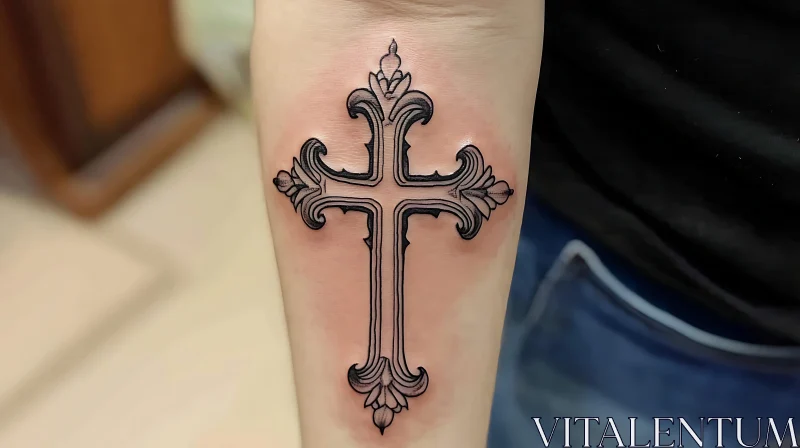 Elegant Forearm Tattoo with Ornate Cross Design AI Image