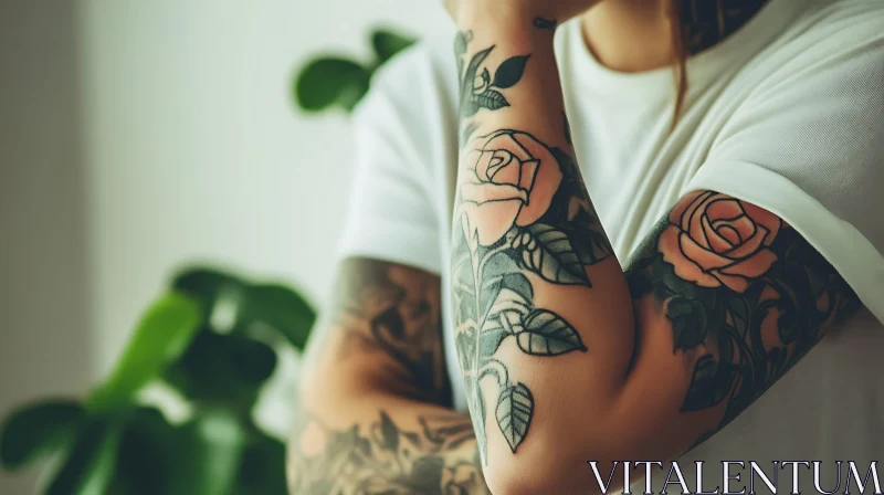 Close-Up of Floral Rose Tattoos AI Image