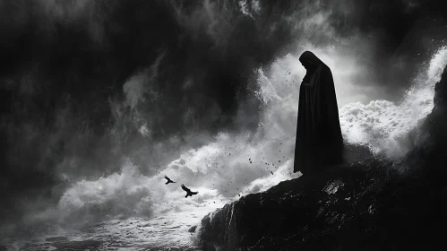 Monochrome Cloaked Figure on Rocks