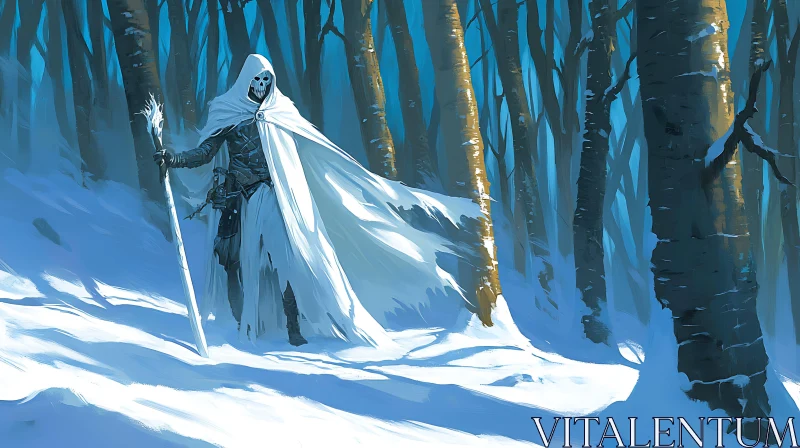 AI ART Cloaked Figure in Winter Woods