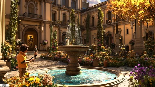 Tranquil Courtyard with Water Fountain and Lush Garden