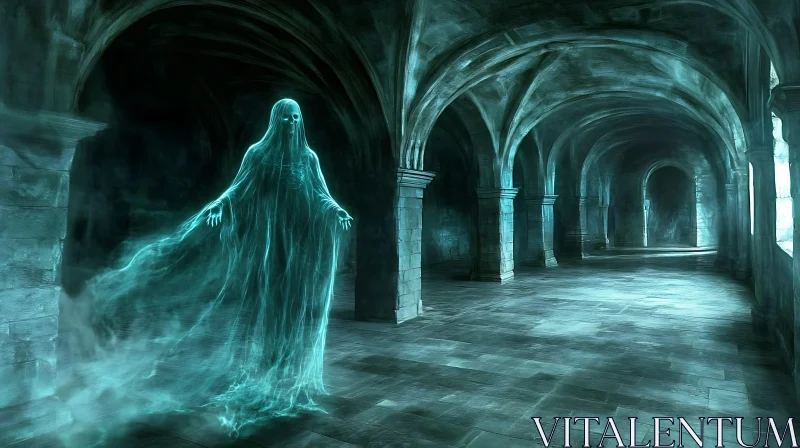 Ghostly Figure in Ancient Hall AI Image