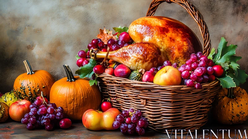 Thanksgiving Basket with Turkey and Produce AI Image