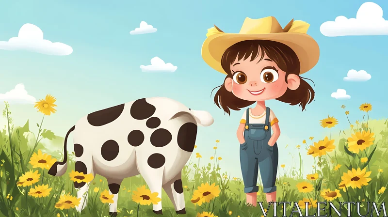 Cartoon Girl with Cow AI Image