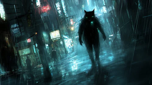 Rainy Cyberpunk Cityscape with Feline Figure