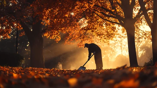 Raking Leaves in Autumn Sunlight