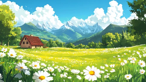 Idyllic Rural Scene with Mountain Backdrop