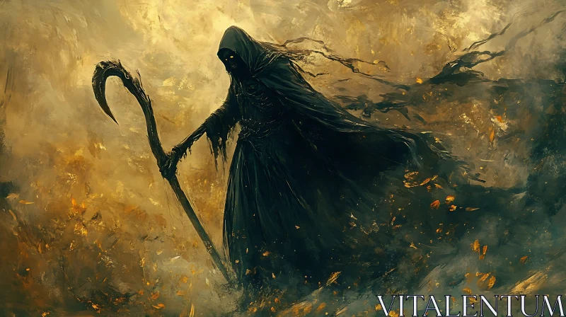 Cloaked Figure with Scythe in Smoke AI Image