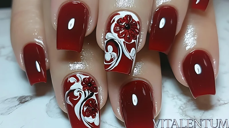 Sophisticated Red and Floral Nail Art Design AI Image