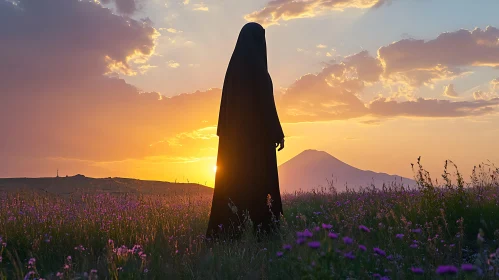 Sunset Silhouette in Floral Field