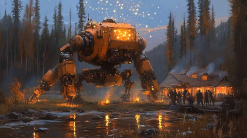 Mechanical Giant Near a Cozy Cabin