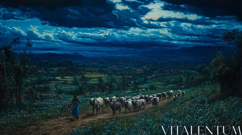 Rural Nocturne: Cattle Under Moonlight AI Image