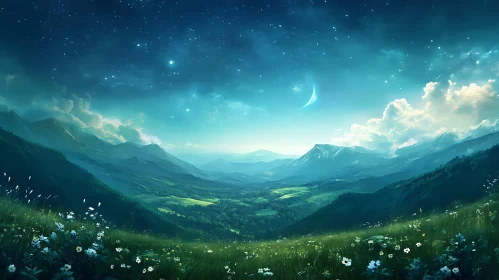 Starlit Mountain Vista with Green Valley