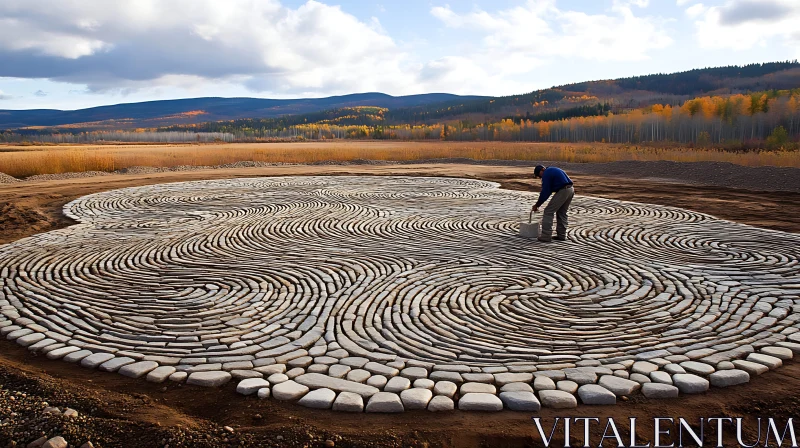 Man Creating Spiral Stone Pattern in Nature AI Image