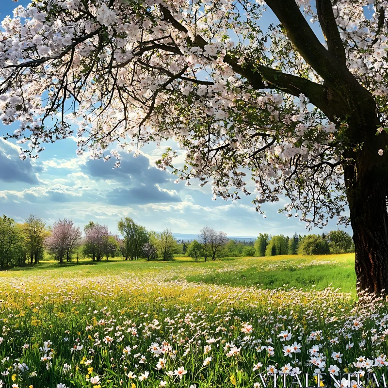 AI ART Spring Meadow with Blossoming Tree