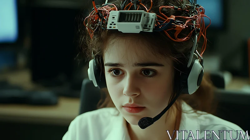 Focused Woman with Electronic Headgear in Laboratory AI Image