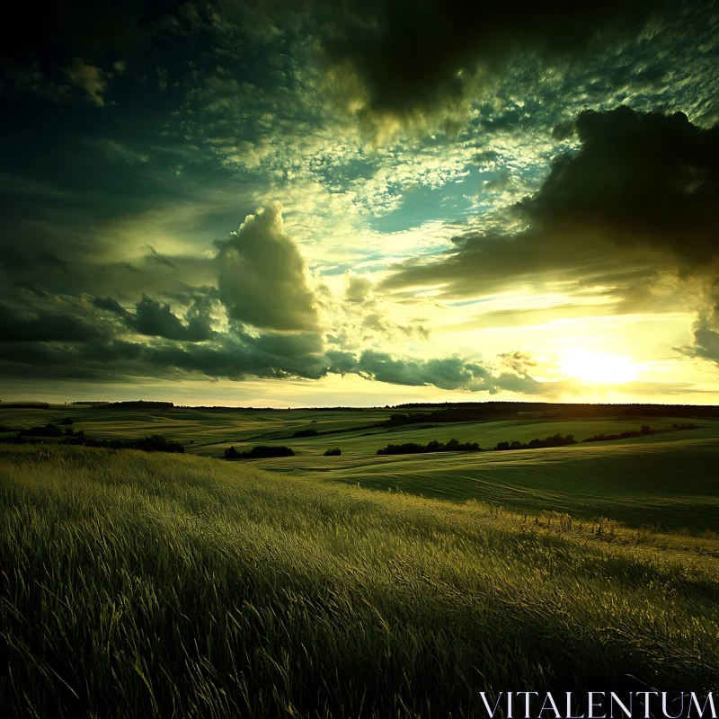 Sunset Over Grassy Field Landscape AI Image