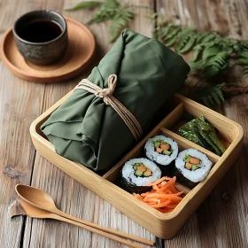 Delicious Bento with Sushi Rolls and Green Wrapped Package