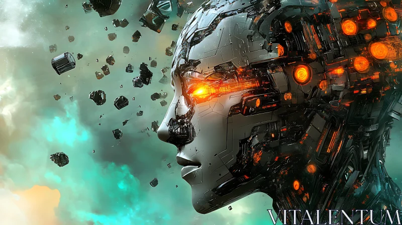 Cyborg with Illuminated Mechanisms in Sci-Fi Setting AI Image