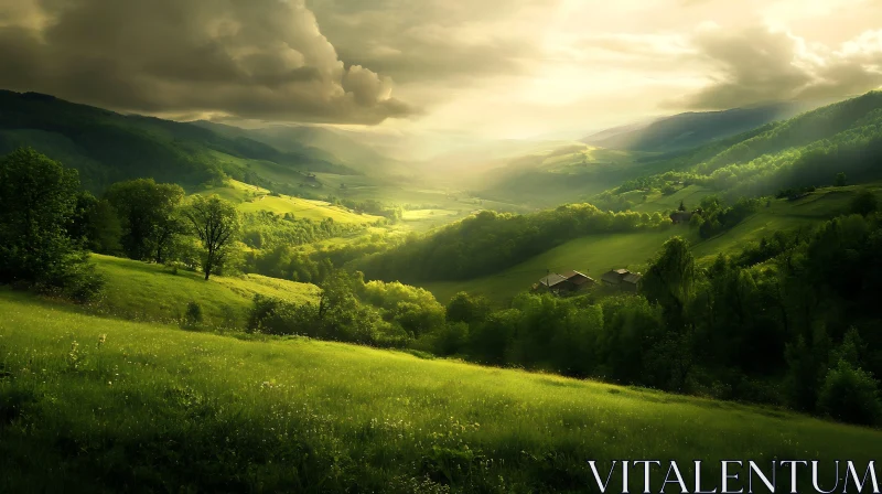 Picturesque Green Hills and Sunlight Landscape AI Image