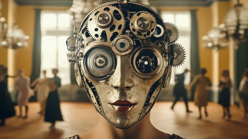 Mechanical Cyborg Face at a Dance Event