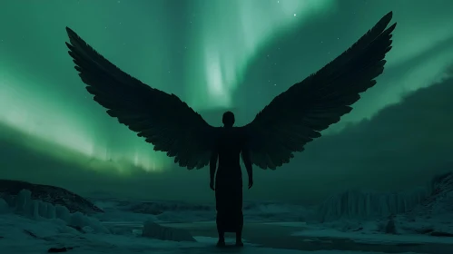Winged Figure Under Northern Lights