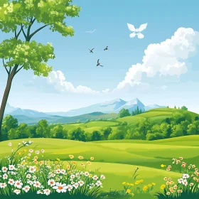 Scenic Green Field with Birds Flying