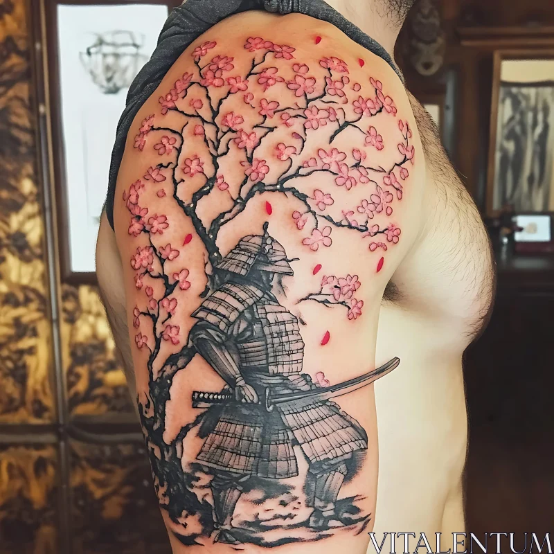 Samurai Tattoo with Cherry Blossoms AI Image