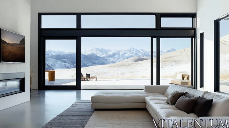 AI ART Minimalist Living Room with Snowy Landscape