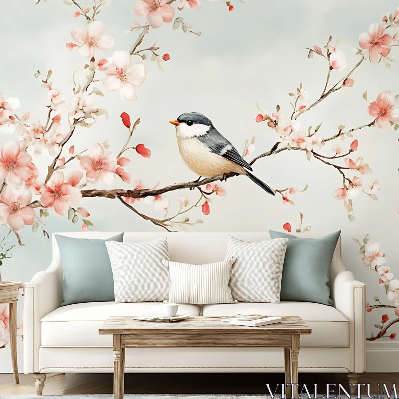 AI ART Peaceful Bird with Floral Branch Design